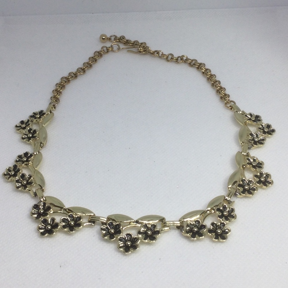 Vintage Judy Lee Floral Necklace Gold Tone Black Enamel